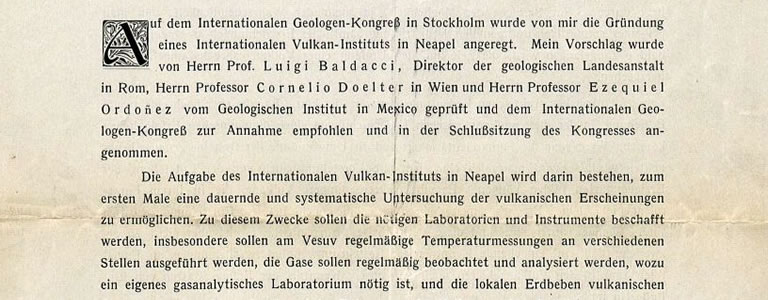 Immanuel Friedländer: Gründungsaufruf für ein Internationales Vulkan-Institut in Neapel (Neapel, Januar 1911)