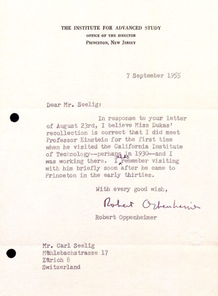 Letter from Robert Oppenheimer to Carl Seelig, September 7 1955 (ETH Zurich University Archives, Hs 304:916)